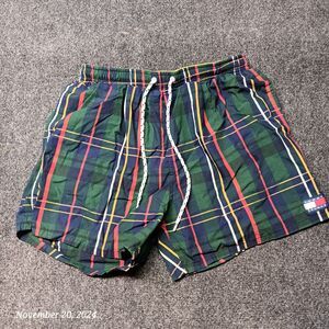 Tommy Hilfiger Swim Trunks Men Medium Green Plaid‎ Mesh Lined Elastic Waist